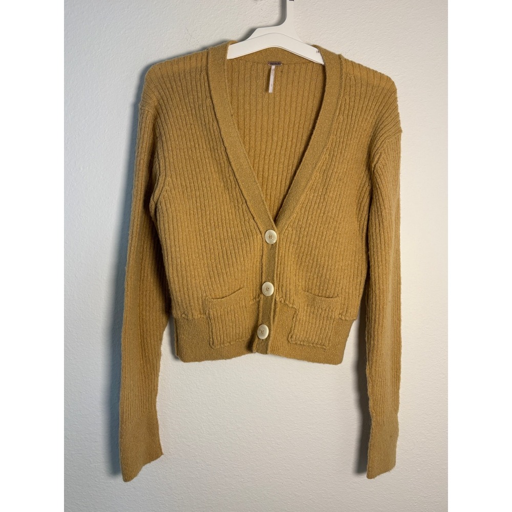 Free People Mustard Yellow Ribbed Knit Cropped Cardigan Sweater V-Neck Womens XS